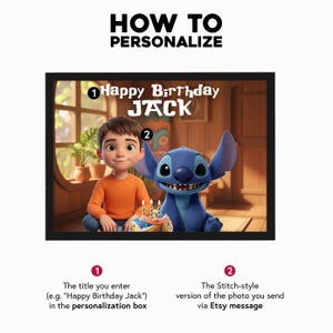 May include: A personalized birthday graphic featuring a cartoon boy and a blue alien character. The text "Happy Birthday JACK" is displayed above the characters. The image includes instructions on how to personalize the graphic with a title and a photo.
