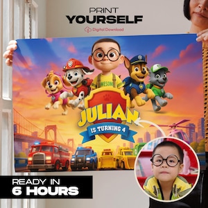Personalized Paw Patrol Birthday Banner: Custom 3D Cartoon Portrait (Digital Download)
