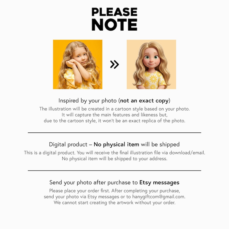 May include: Image with text: "PLEASE NOTE" and "Inspired by your photo (not an exact copy)". It shows a photo of a girl next to a cartoon illustration of the same girl. The text explains the digital product and how to send a photo after purchase.