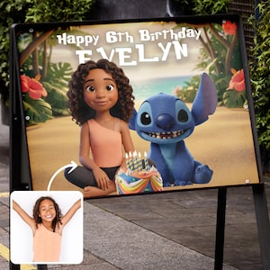 May include: A-frame sign featuring a cartoon illustration of a girl and Stitch from Lilo & Stitch, with a birthday cake. The sign reads "Happy 6th Birthday Evelyn". The sign is set on a sidewalk.