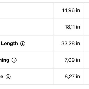 May include: A white table displays clothing measurements. Waist is 14.96 inches (38 cm), hip is 18.11 inches (46 cm), inseam/length is 32.28 inches (82 cm), leg opening is 7.09 inches (18 cm), and front rise is 8.27 inches (21 cm).