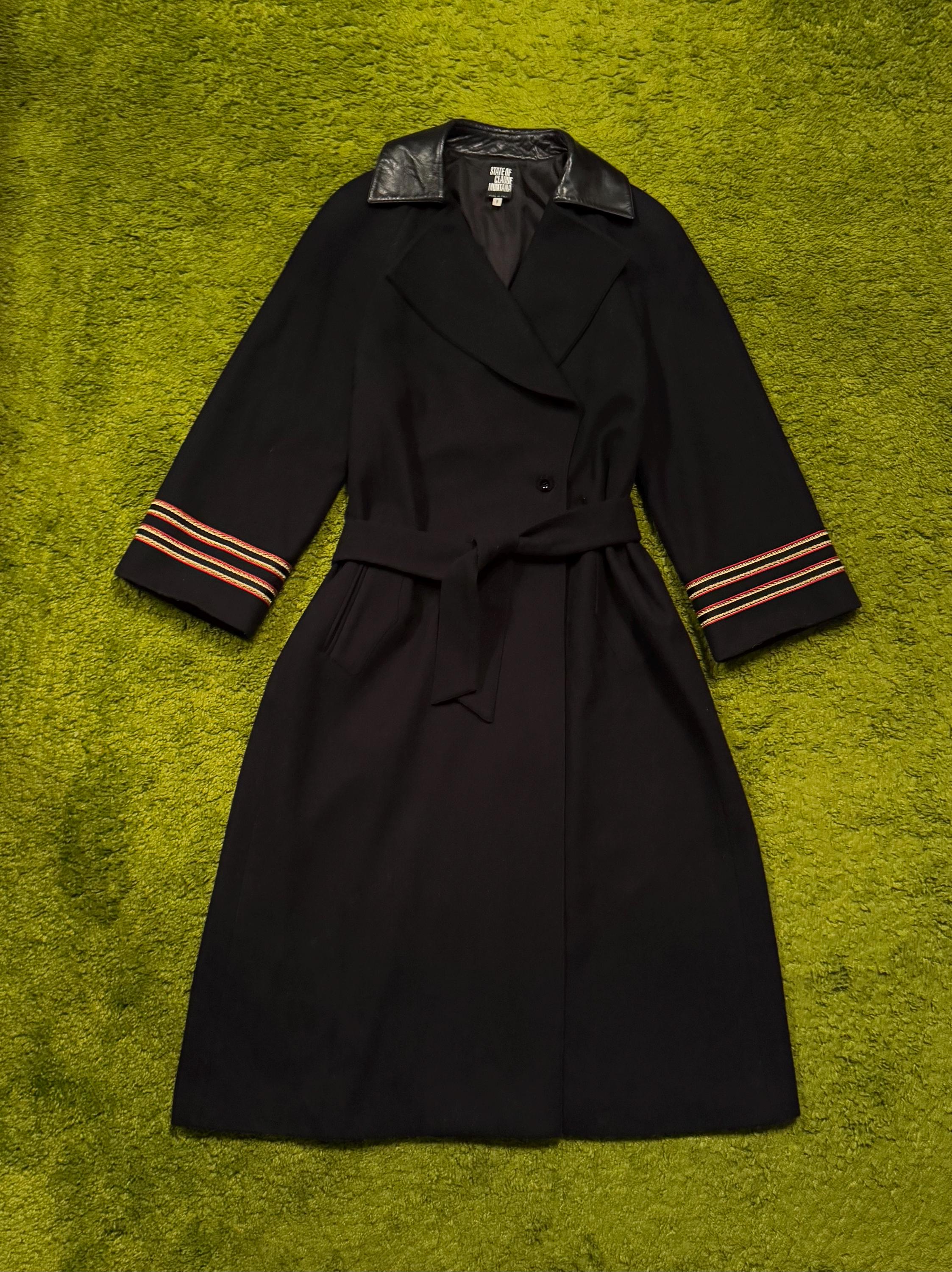 Claude Montana 1980s Vintage Archive Wool Belted Coat Black Claude Montana 1980s Vintage Archive Wool Belted Coat Black