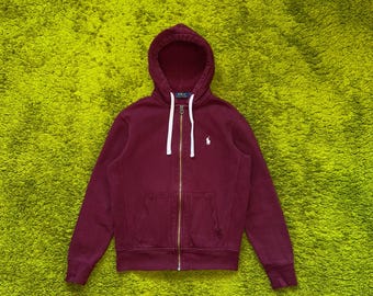 Sudadera con capucha Polo Ralph Lauren color burdeos, cremallera completa, algodón grueso, estilo Y2K
