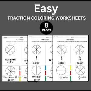 Back To School Easy Fraction Coloring Worksheets | Coloring Fractions Fun Practice |  Fun Printable Math Activities