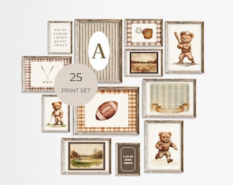Juego de 25 láminas vintage de osos de peluche deportivos, decoración neutra para habitación de niño (descarga digital)