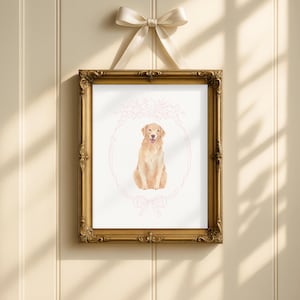 Golden retriever nursery print, custom watercolor dog nursery art, baby girl nursery, pink ribbon puppy nursery decor, coquette pink ribbon