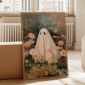 Cute Ghost on a Flower Meadow Vintage Painting, Moody Blooms,Spooky Farmhouse Halloween Decor, Ghost Halloween Edition, Art Digital Download
