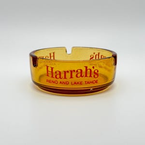 Vintage Harrah&#39;s Reno Lake Tahoe Amber Glass Ashtray Casino Memorabilia