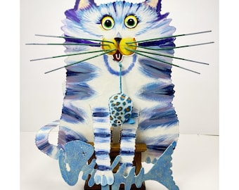 Bella Casa van Ganz J. Sumner Grote metalen kat met vissculptuur Kamenstein-houder