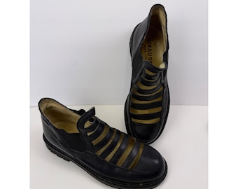 Giraudon New York Black Leather Cage Cutout Lug Sole Shoes Booties Round Toe