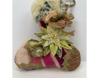 Lenae May Petite Whimsical Artisan Christmas Stocking Pink Wool Signed