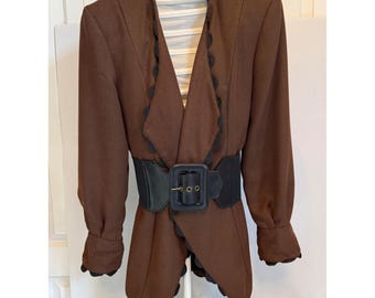 Jan Barboglio VTG Brown Scalloped Trim Blazer Jacket Leather Belt 80's Steampunk