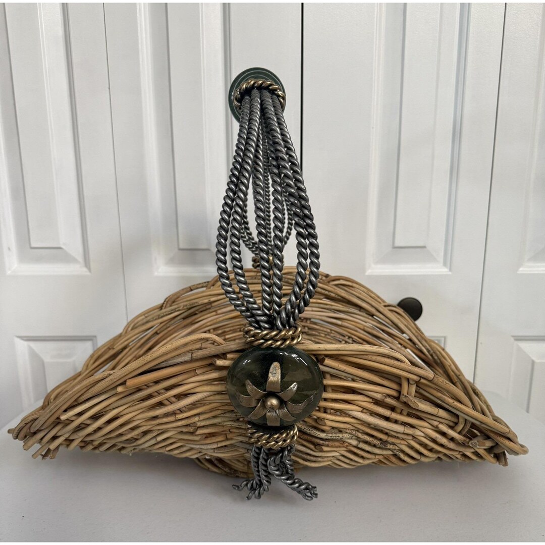 Vintage Maitland Smith Wicker Reed, Wrought Iron, Glass & Brass Basket ...