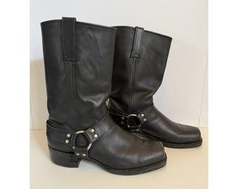 Vintage 80s Frye Black Label Harness Boots 11.5 Biltrite Square Toe Moto Black