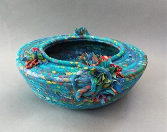 Black and Gold Coiled Fabric Basket Organizer Catchall Handmade by Me White Blue Green