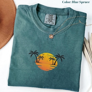 Camiseta retro de isla tropical Comfort Colors®, camiseta vintage de verano con atardecer, atuendo colorido con palmera, camiseta de playa, regalos para camisetas de vacaciones de verano.