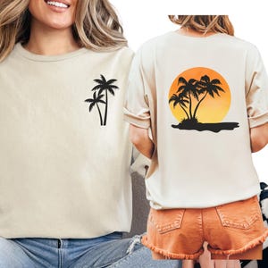 Camiseta retro de palmera de colores cómodos, camiseta delantera y trasera con atardecer de verano, atuendo de isla tropical, camiseta de playa, regalos de camisetas de vacaciones de verano.