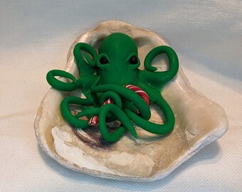 Green Candy Cane Holiday Polymer Clay Display Octopus