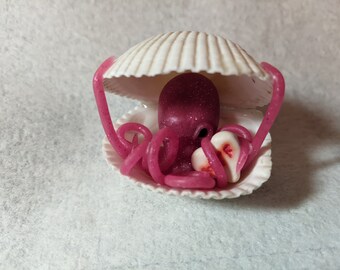 Pink Glitter WTF Candy Heart Bivalve Polymer Clay Display Octopus