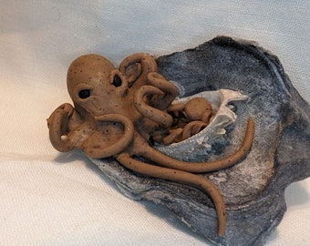 Brown Mom and Baby Polymer Clay Display Octopus