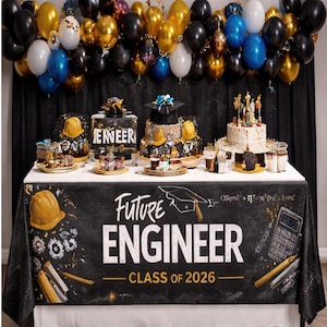 Puede incluir: Una mesa decorada para una celebración de graduación con pasteles, golosinas y globos. La mesa tiene un mantel negro con las palabras "Future Engineer - Class of 2026" en blanco. Los pasteles están decorados con gorras de graduación y cascos de construcción.