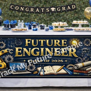 May include: A graduation party table setting with a banner that reads "CONGRATS GRAD". The table has a navy blue and gold "FUTURE ENGINEER" banner. The banner has engineering-themed graphics and the text "CLASS OF 2026".