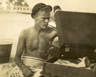 Digital Photo Vintage 1900's Man on Beach with Antique Victrola *The First Hipster*