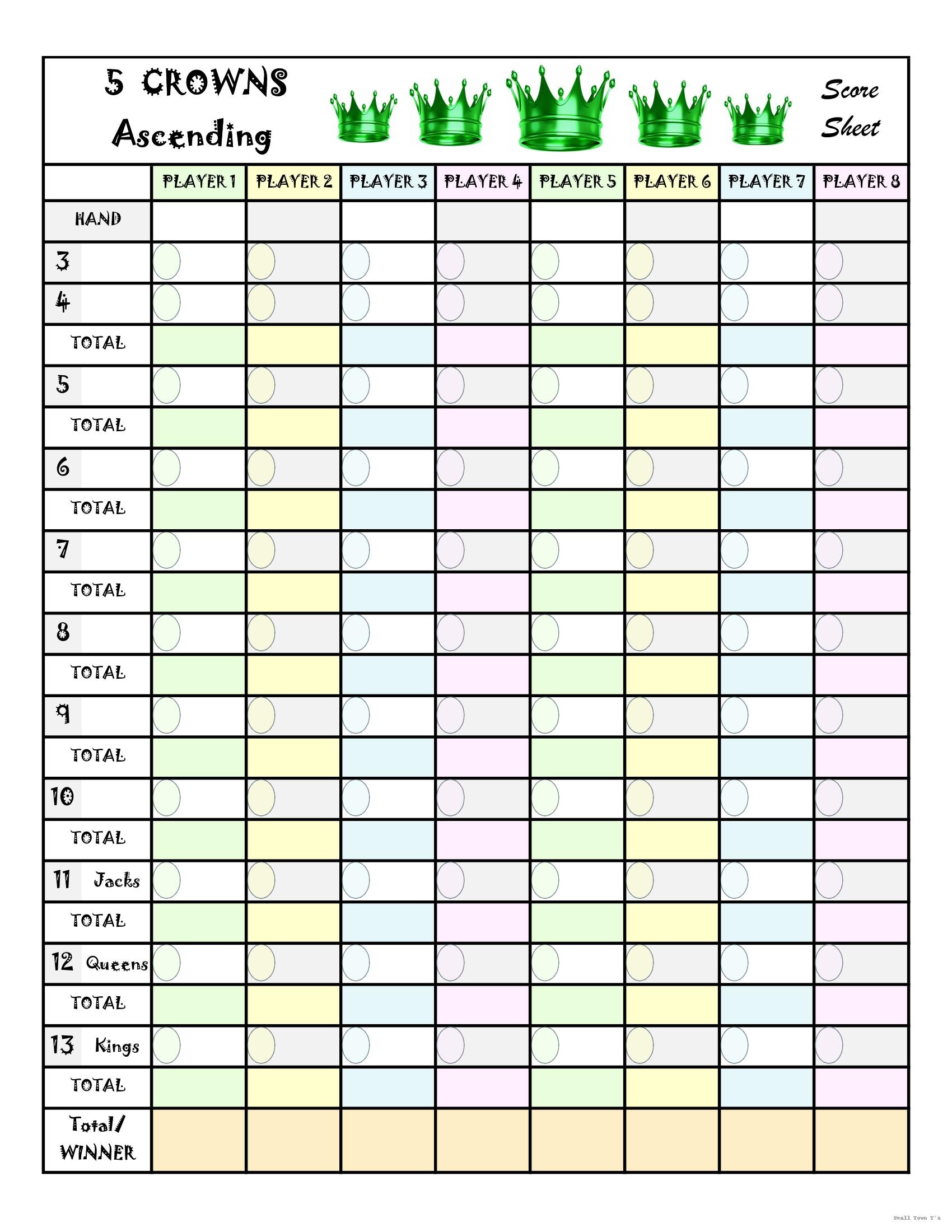 Five Crowns Score Sheets Ascending & Descending Tracker Printable PDF — free download