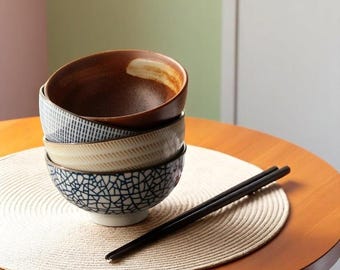Japanese Ceramic Rice Bowl Set (4): Retro Ramen Bowls