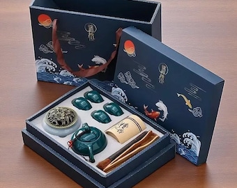 Caja de regalo de juego de té Kung Fu: tetera de cerámica, tazas y quemador de incienso