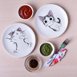 2 platos de cerámica con forma de gato: bonito juego de platos de dibujos animados para niños, bandeja de frutas, plato de desayuno o cena, vajilla infantil con forma de animal.