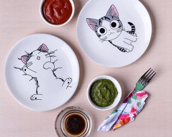 Ceramic Cat Plates Set – Kids' Cartoon Dinnerware, 8-inch