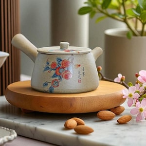May include: A ceramic teapot with a lid, featuring a beige base color and a floral design with red and blue accents. The teapot has a handle and a spout. It sits on a round wooden tray.