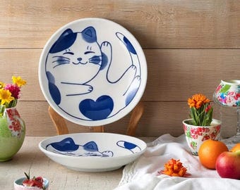 Japanese Hand Painted Ceramic Hexagonal Small Bowl, Blue Cat Bowl