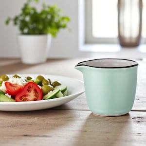 May include: A light blue ceramic creamer with a black rim. The creamer is sitting on a wooden table next to a white plate with a salad.