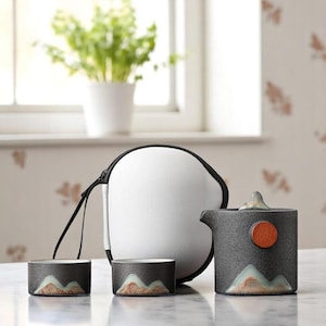 Juego de té japonés pintado a mano – Tazas de cerámica rústica con bolsa portátil – Juego de té de viaje para exteriores – Regalo de cerámica Wabi Sabi