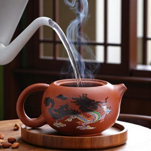 Puede incluir: Una tetera de cerámica marrón con un diseño de dragón se está llenando con agua caliente. El dragón está representado en negro, rojo, verde y azul. La tetera está sobre una bandeja de madera y sale vapor de la abertura.