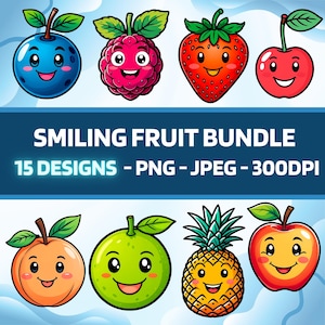 15 Smiling Fruit PNG Bundle - Cute Fruit Clipart for Digital Designs, Stickers, Cards, & More - High-Quality Transparent PNGs