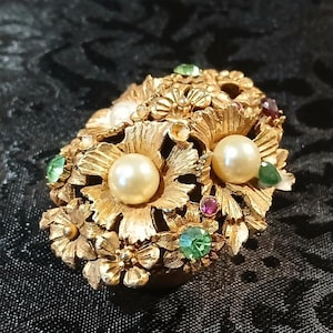Vintage Florenza Ornate Jewelry Box - Floral Basket Design with Pearls & Stones - Exquisite Mid-Century Décor