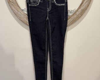 Jeans slim da donna, taglia M, lavaggio scuro, denim, borchie blu, cuciture Y2K