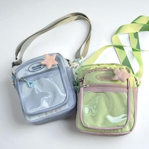 Kawaii Ita Bag: Nylon Crossbody Pin Display - Pastel Green & Blue