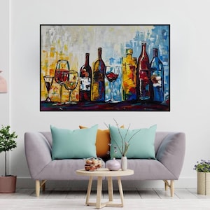 Wine Bottle Acrylic Painting Colorful Wall Art Wine Glass Canvas Art for Kitchen Dining Room Bar Abstract Textured Handmade Home Decor Gift