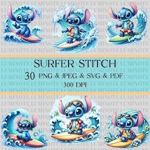 Surfer Stitch Svg Bundle, 30 Stitch Design, Cartoon Svg, Stitch Svg, Digital design PNG file for sublimation, Png Svg Pdf Jpeg Files 300 DPI