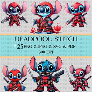 May include: Digital artwork featuring Stitch as Deadpool in various poses. Stitch is depicted in a red and black costume, holding weapons like guns and swords. The image includes the text "DEADPOOL STITCH" and details about file formats.