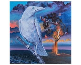アルビノカラスの絵画：幻想的な鳥のアクリルアート、16x20 - Etsy 日本