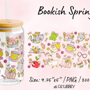 May include: A clear glass tumbler with a bamboo lid and straw, decorated with whimsical illustrations of books, flowers, and animals. The words "Bookish Spring" are written at the top. The tumbler is 16 oz.