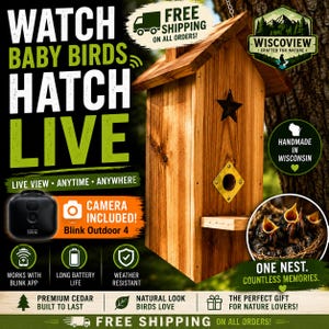 Puede incluir: Una casa para pájaros de madera con un recorte de estrella y una pequeña percha. La casa para pájaros incluye una cámara Blink Outdoor 4. El texto de la imagen dice "Watch Baby Birds Hatch Live" y "Handmade in Wisconsin."