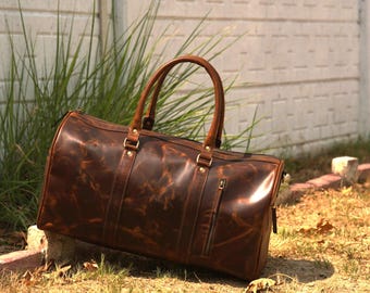 Waxy Brown Leather Duffle – Handmade 21" Vintage Travel Bag