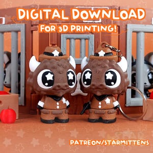 May include: Two brown bison-shaped figurines with star-shaped eyes and cowboy hats. They wear brown outfits and stand in front of a wooden structure. The text "DIGITAL DOWNLOAD FOR 3D PRINTING!" is at the top. The text "PATREON/STARMITTENS" is at the bottom.