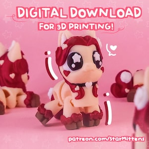 Puede incluir: Figura de poni impresa en 3D con cuerpo color crema, pelo rojo y detalles de corazón. La imagen incluye el texto "DIGITAL DOWNLOAD FOR 3D PRINTING!" y la dirección web patreon.com/starMitten.